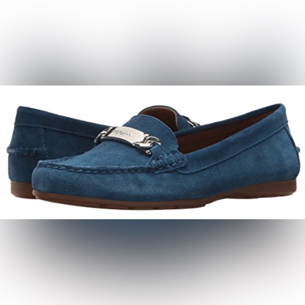 Coach Blue Suede Loafers with Silver Metallic Detail